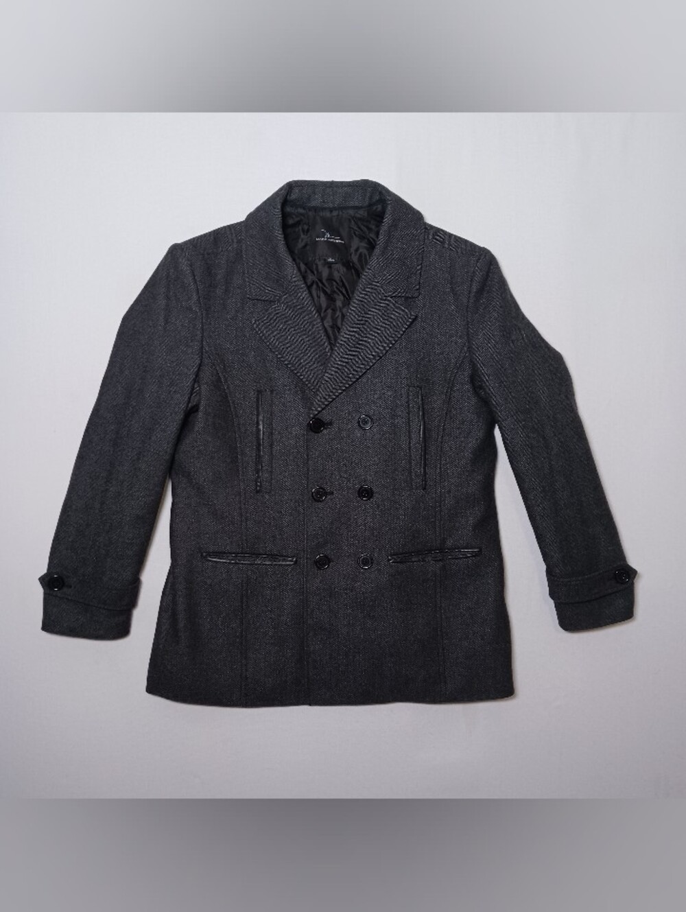 Marc Anthony Mens Wool Blend Double Breast Pea Coat Med Gray Tweed Herringbone